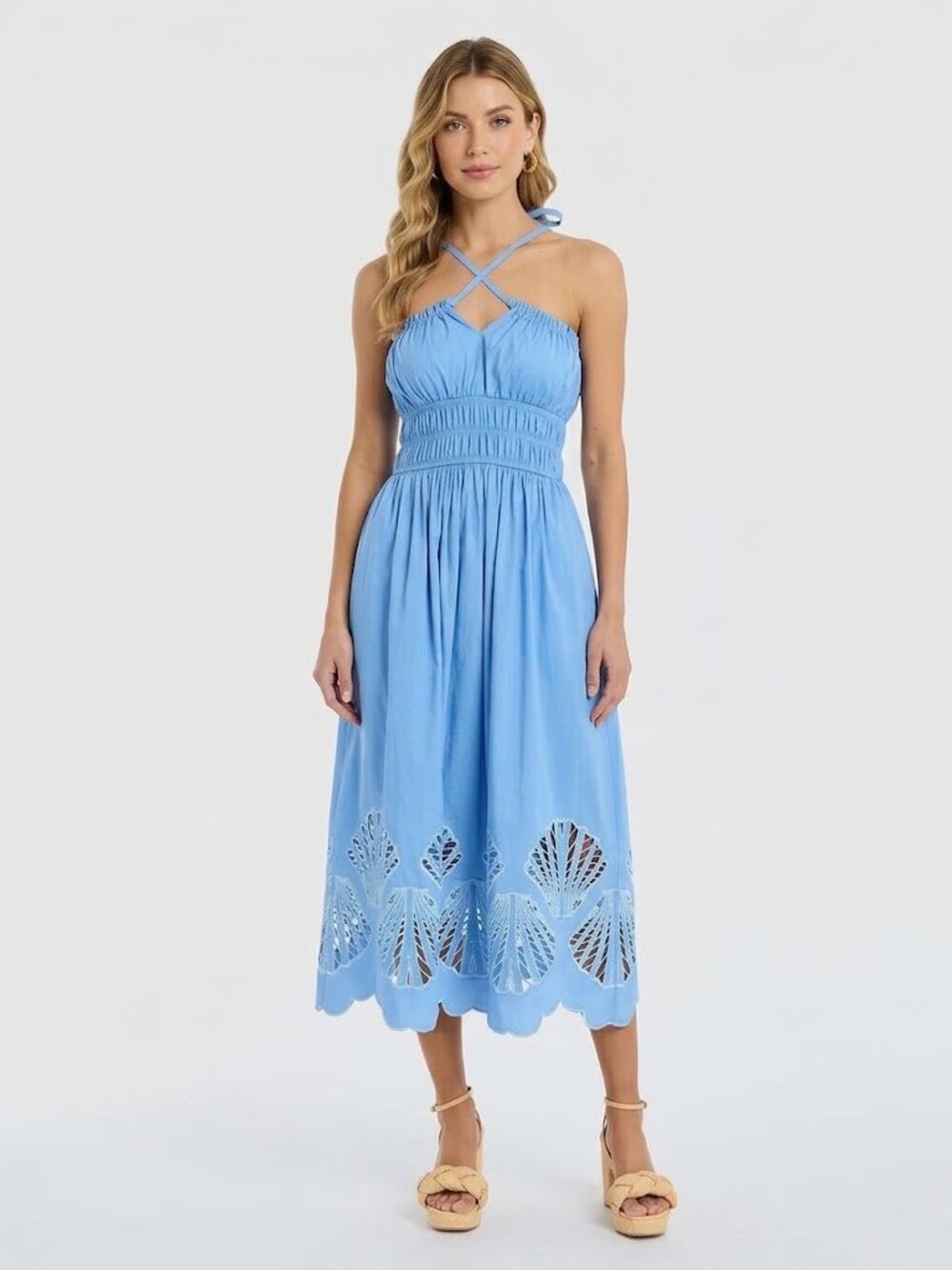 Mestiza New York Spritz Smocked Seashell Cutout Midi Dress Lotus Blue Size M NWT